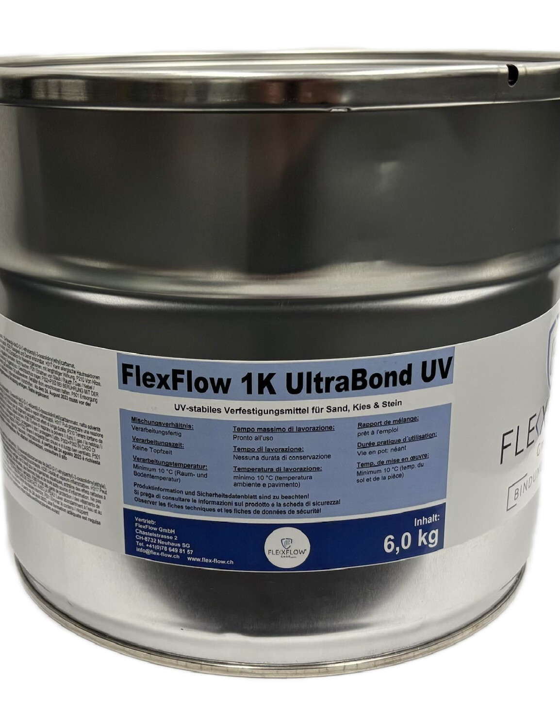 FlexFlow 1K UltraBond UV Verfestigungsmittel für Sand Kies und Stein 6 kg Metallgebinde
KB PU-UV
Kiesbinder Wasserdurchlässig
Für Einfahrten, Terrassen, Wege und Spielplätze